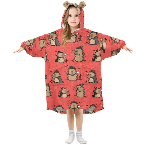 Wearable Blanket Hoodie for Kids Vampire Capybara Flannel Hooded Blanket with Pockets and Sleeves Suitable for Boys and Girls