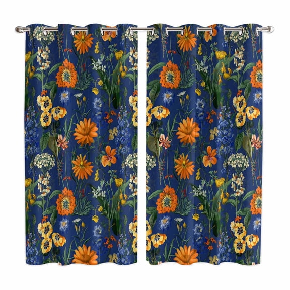 Orange Blue Spring Floral Kitchen Curtains Window Panels, Vintage Botanical Summer Flower Insulated Window Treatment Curtain, Grommet Curtains for Bedroom/Living Room/Bathroom, 2 Piece 52"Wx84"L