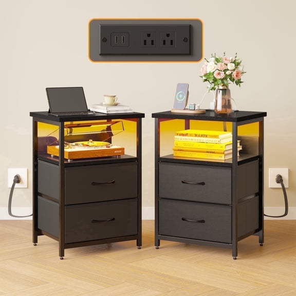 Tomnk Nightstands Set of 2, Bed Side Table with Charging Station, LED Night Stand with 2 Fabric Drawers, Black