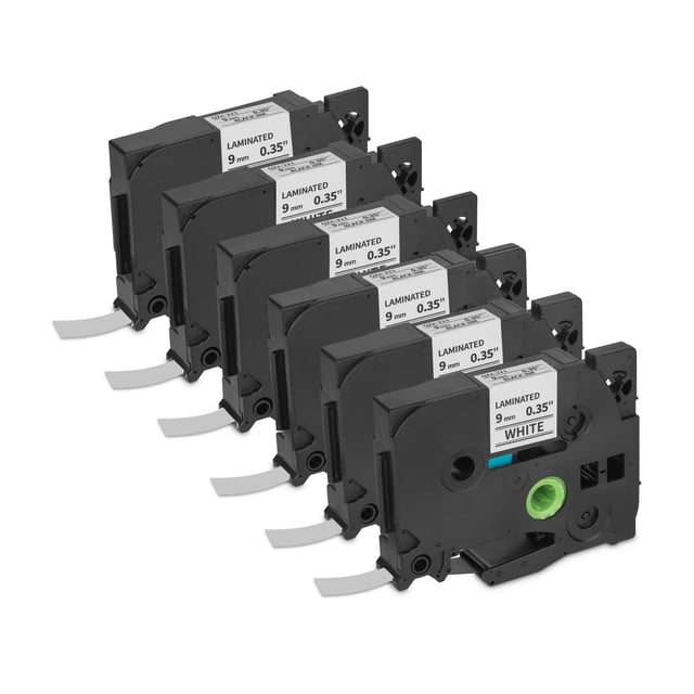 Cinta de etiquetas Qian QZe-221, 6 pack laminadas 9 mm de ancho 8 m de largo, Negro/blanco, compatible con Brother P-Touch TZe HSe, resistente al agua y desgaste