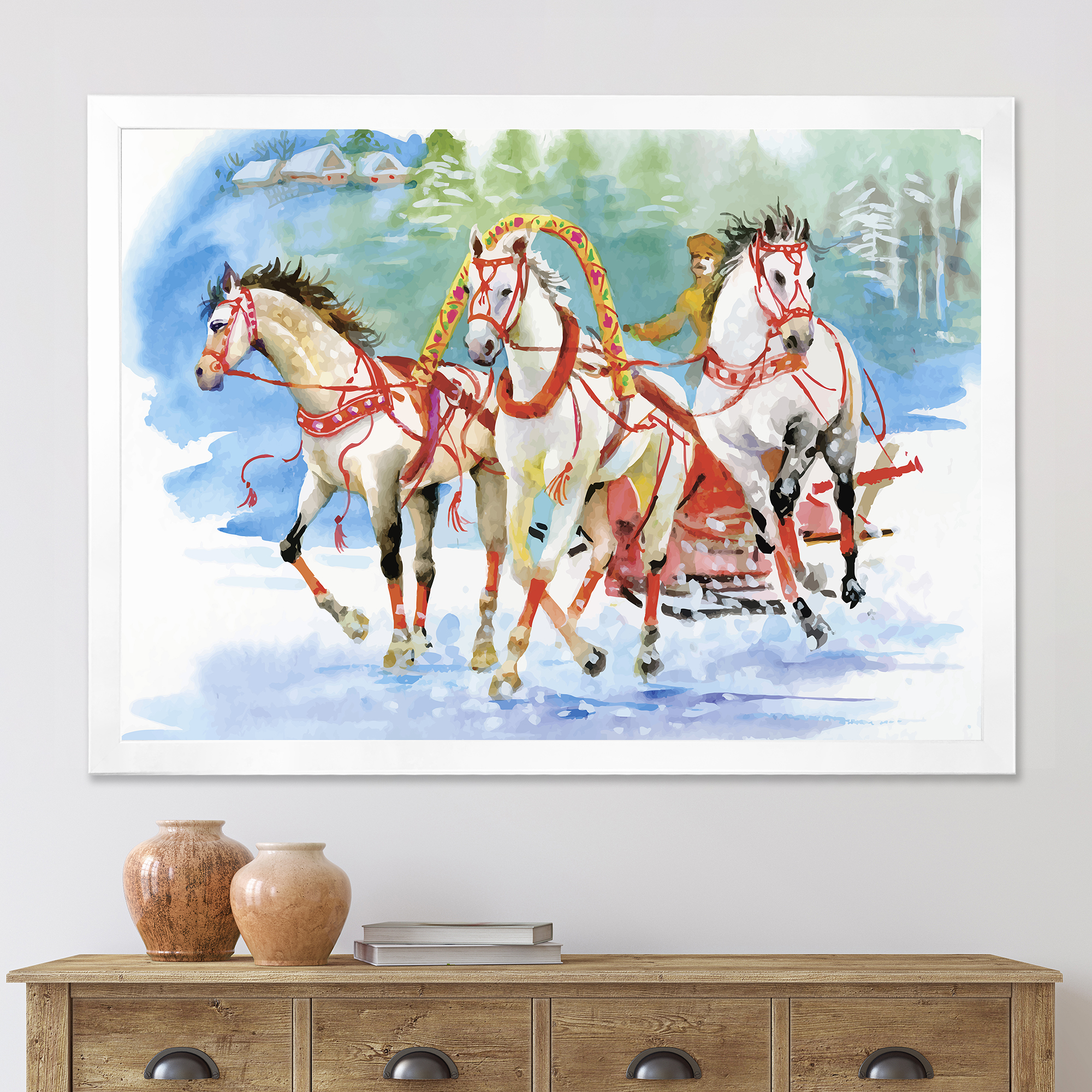Designart 'Carriage In The Snow With Galoping Horses' Farmhouse Framed Art Print