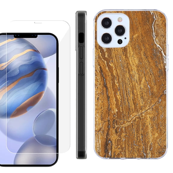 Slim Fit Protective Phone Case for Apple iPhone 12 / iPhone 12 Pro, with Tempered Glass Screen Protector, by OneToughShield ® - Marble / Earth