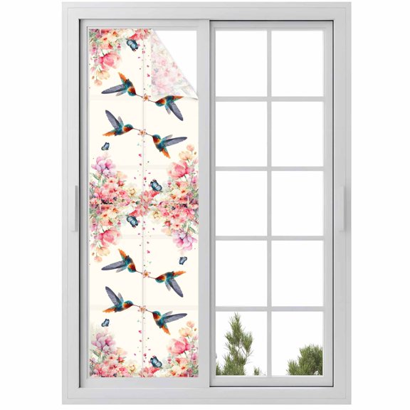 Window Privacy Film Pink Flower Stained Glass Window Film Decorative Sun Block Window Cover Spring Floral Butterflies Birds Elegant Farmhouse Window Clings Static Sticker for Bathroom 17.7"x78.7"