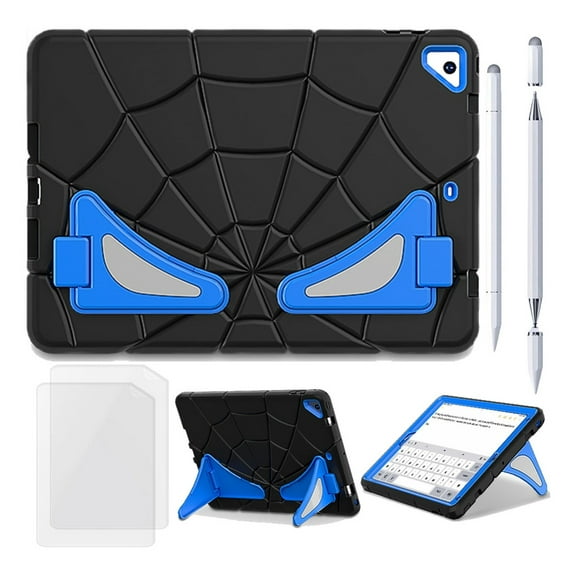 for iPad 9.7 inch 2018 2017 (6th/5th Gen)/Pro 9.7" Case with Bulit-in Kickstand, Screen Protector & Stylus Pen, Soft Silicone & Hard PC 2in1 Hybrid Rugged Spider Armor Protective Cover Kids Man