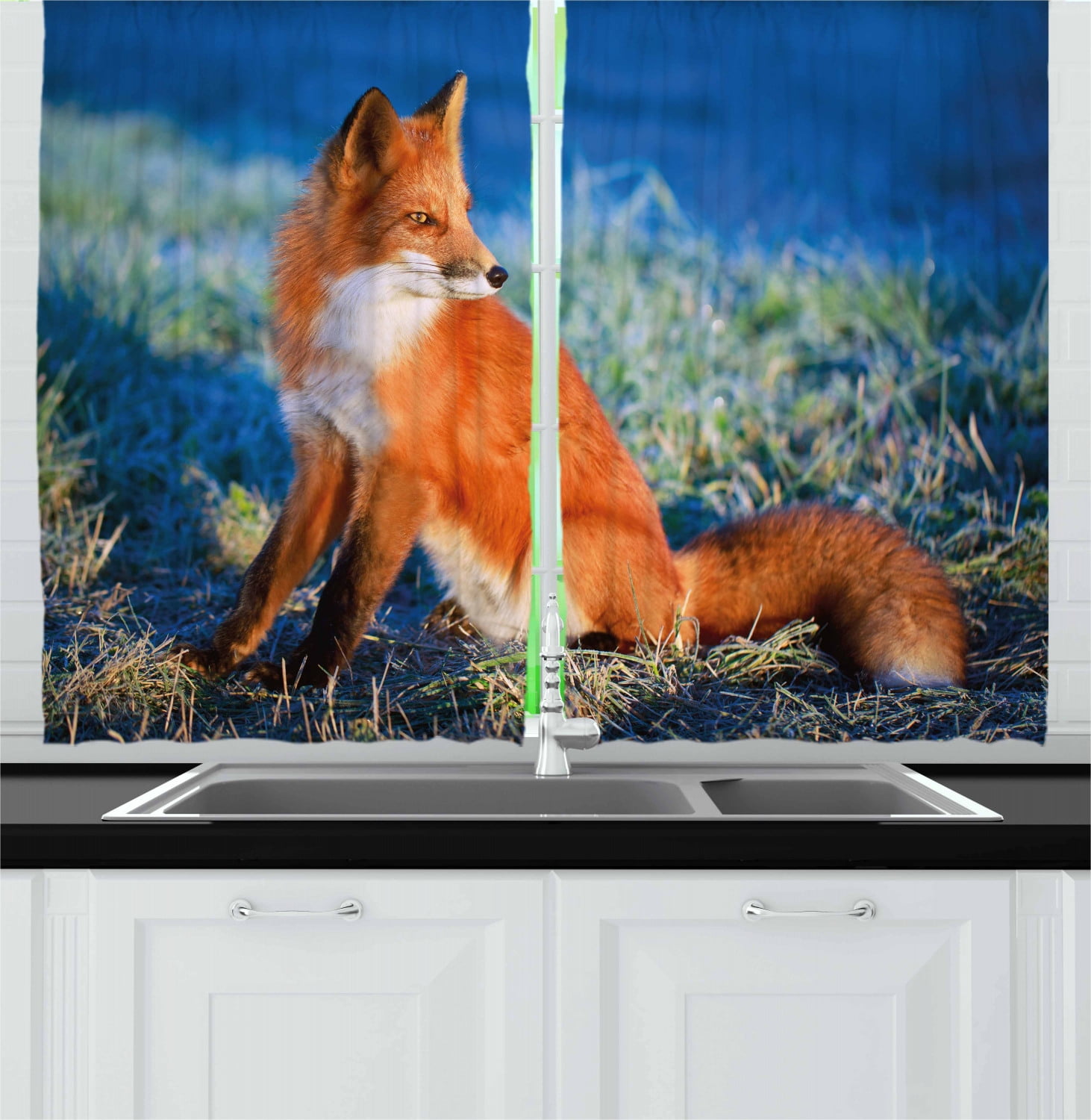Fox Curtains 2 Panels Set, Serene Autumn Field in Cold Morning with Fox Nature Scenery Grass Perspicacious, Window Drapes for Living Room Bedroom, 55W X 39L Inches, Blue White Orange, by Ambesonne