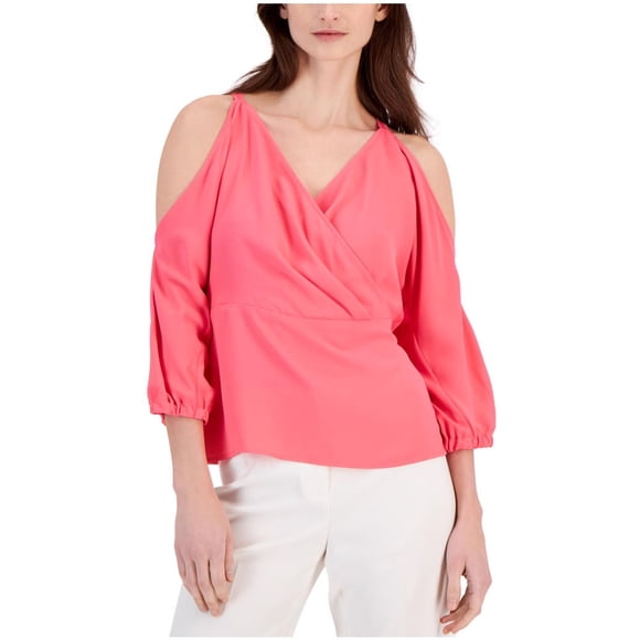 Anne Klein Womens Cold Shoulder Peplum Blouse, medpink, XXS
