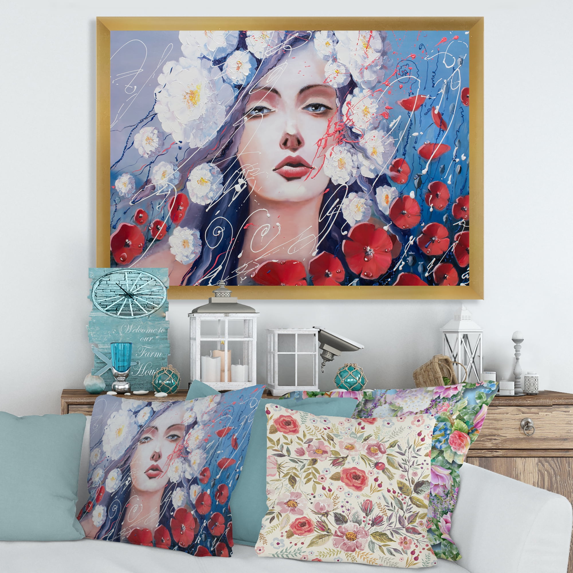 Designart 'Portrait Of A Young Lady With Red & White Flowers' Traditional Framed Art Print