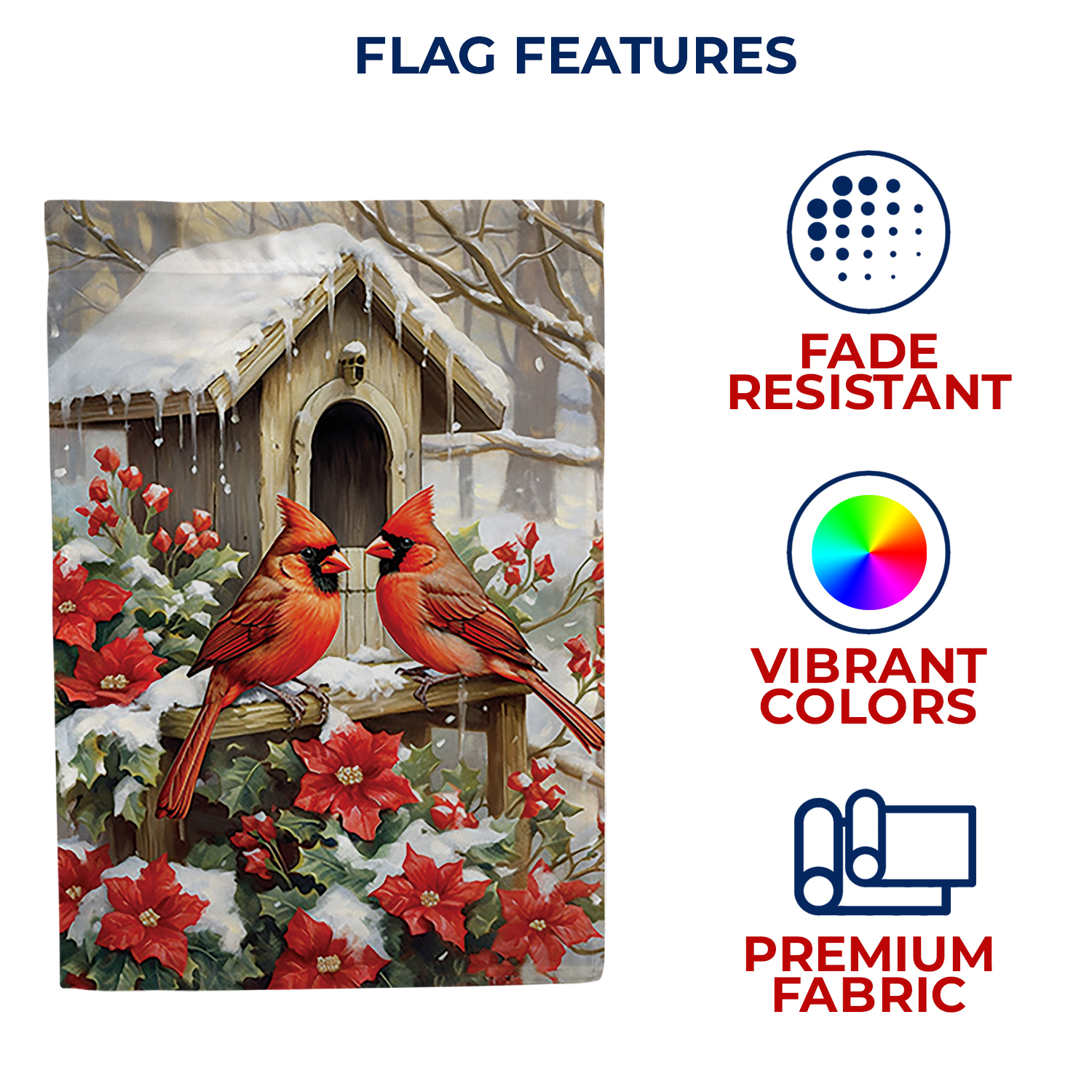 America Forever Cardinal Winter House Flag, 28 x 40 inch Double Sided, Birdhouse Snow Banner, Poinsettia Holiday Outdoor Decor, Festive Outside Decorations Yard Flag