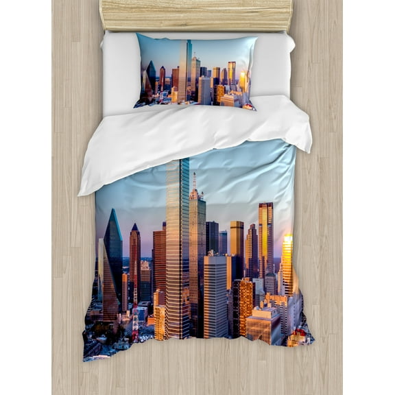 United States Duvet Cover Set Twin Size, Dallas Texas City with Blue Sky at Sunset Metropolitan Finance Urban Center, Decorative 2 Piece Bedding Set with 1 Pillow Sham, Multicolor, by Ambesonne
