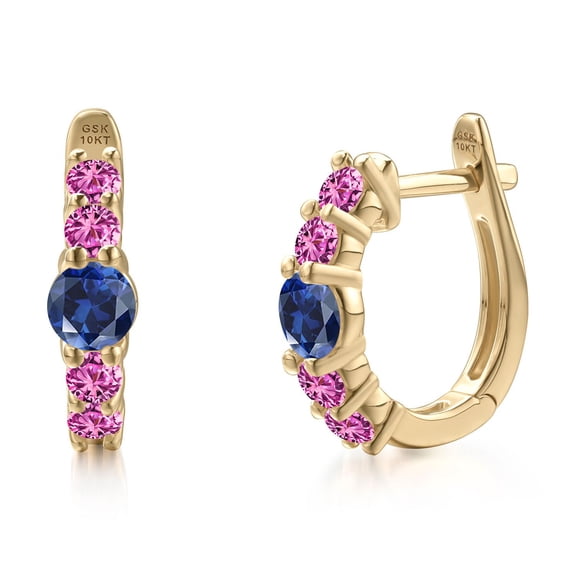 Gem Stone King 10K Yellow Gold Blue Created Sapphire and Pink Created Sapphire Hoop Earrings for Women | 0.90 Cttw | Gemstone September Birthstone | Round 4MM