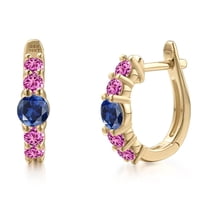 Gem Stone King 10K Yellow Gold Blue Created Sapphire and Pink Created Sapphire Hoop Earrings for Women | 0.90 Cttw | Gemstone September Birthstone | Round 4MM