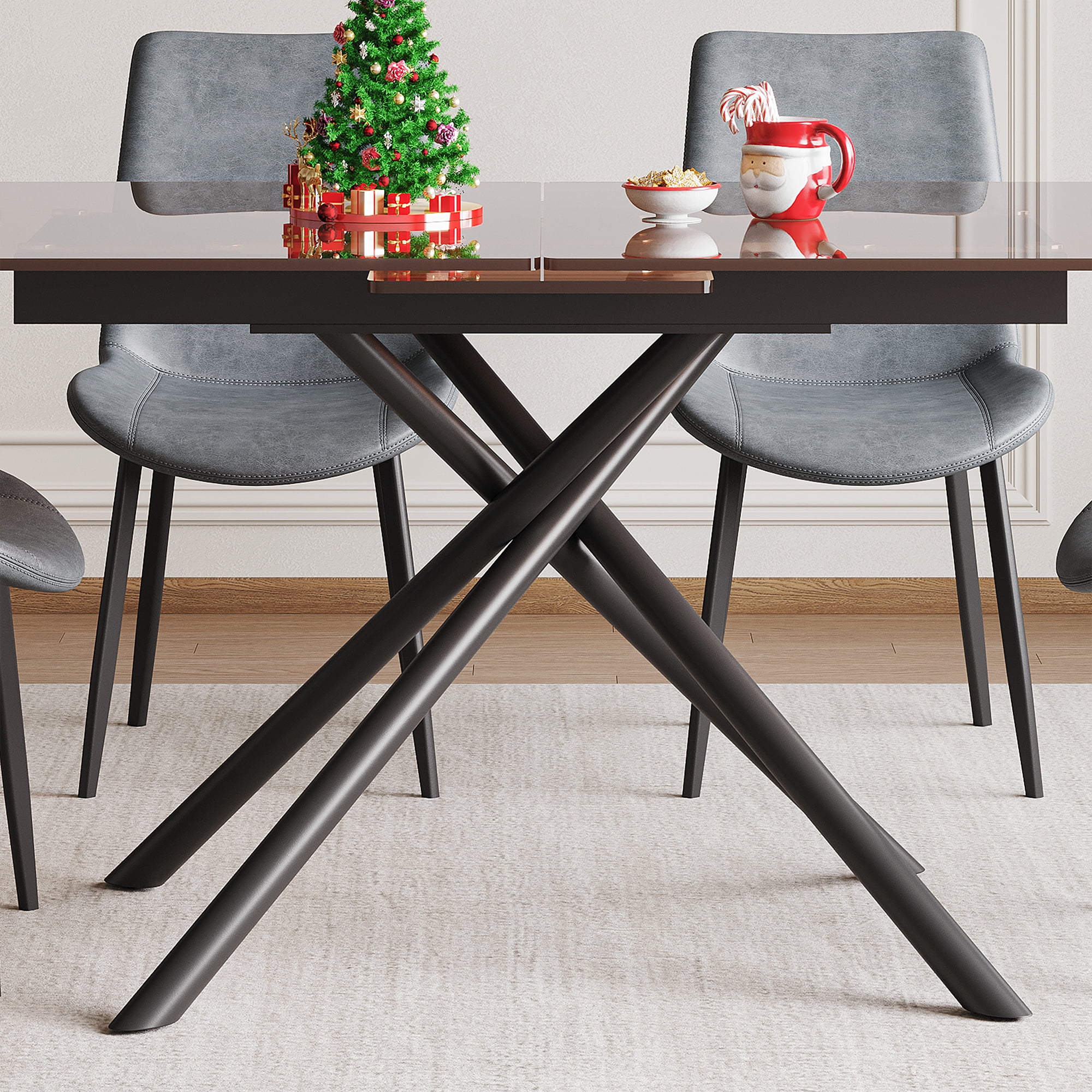 Montary 59-inch Expandable Dining Table Set with 8 Gray Ergonomic Chairs, Black Sandblasted Glass Top & X-Base, 4-8 Seater Modern Dining Set for Small Spaces, Kitchen and Apartment