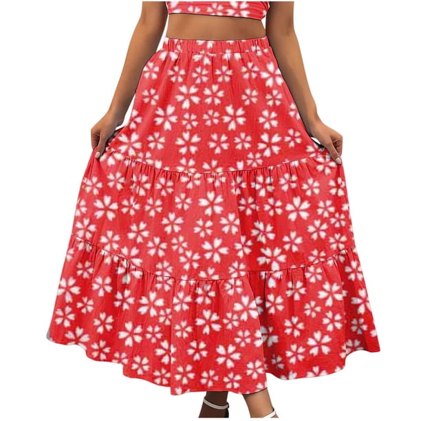 Vestido casual sexy de verano para mujer Faldas largas de playa con estampado floral Boho Elástico de cintura alta Plisado A-Line Flowy Swing Faldas largas con volantes en niveles Pompotops qwe13480