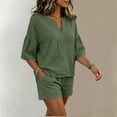 thumbnail image 6 of Women's Cotton Elastic Waist Two Piece Outfit V Neck Ruffle Short Sleeve Top with Shorts, Solid Casual Summer Set, Lounge Maternity Activewear Shorts | VerBelle,Army Green L, 6 of 8