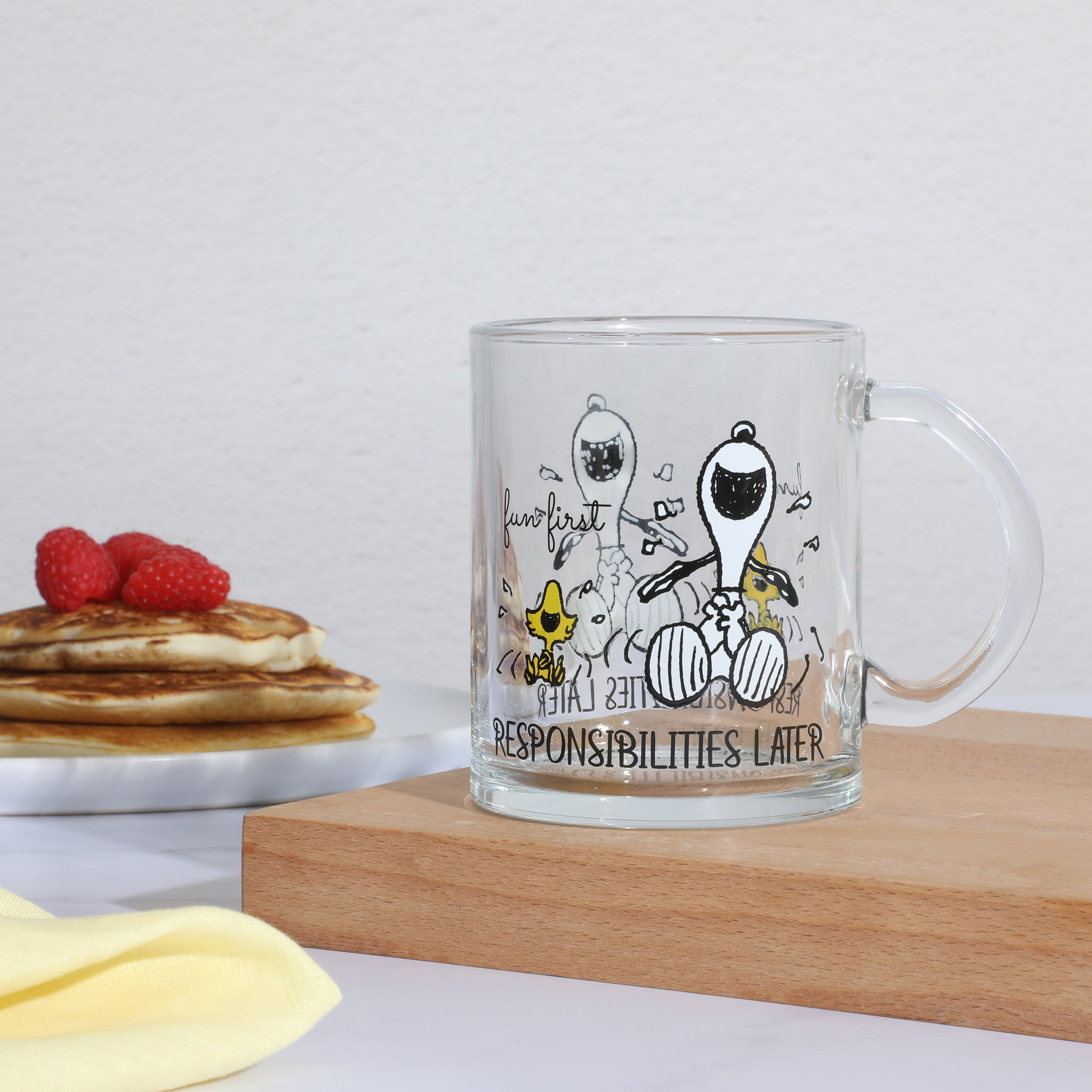 GIBSON HOME GLASS SNOOPY FUN FIRST RESPONSIBILITIES LATER MUG