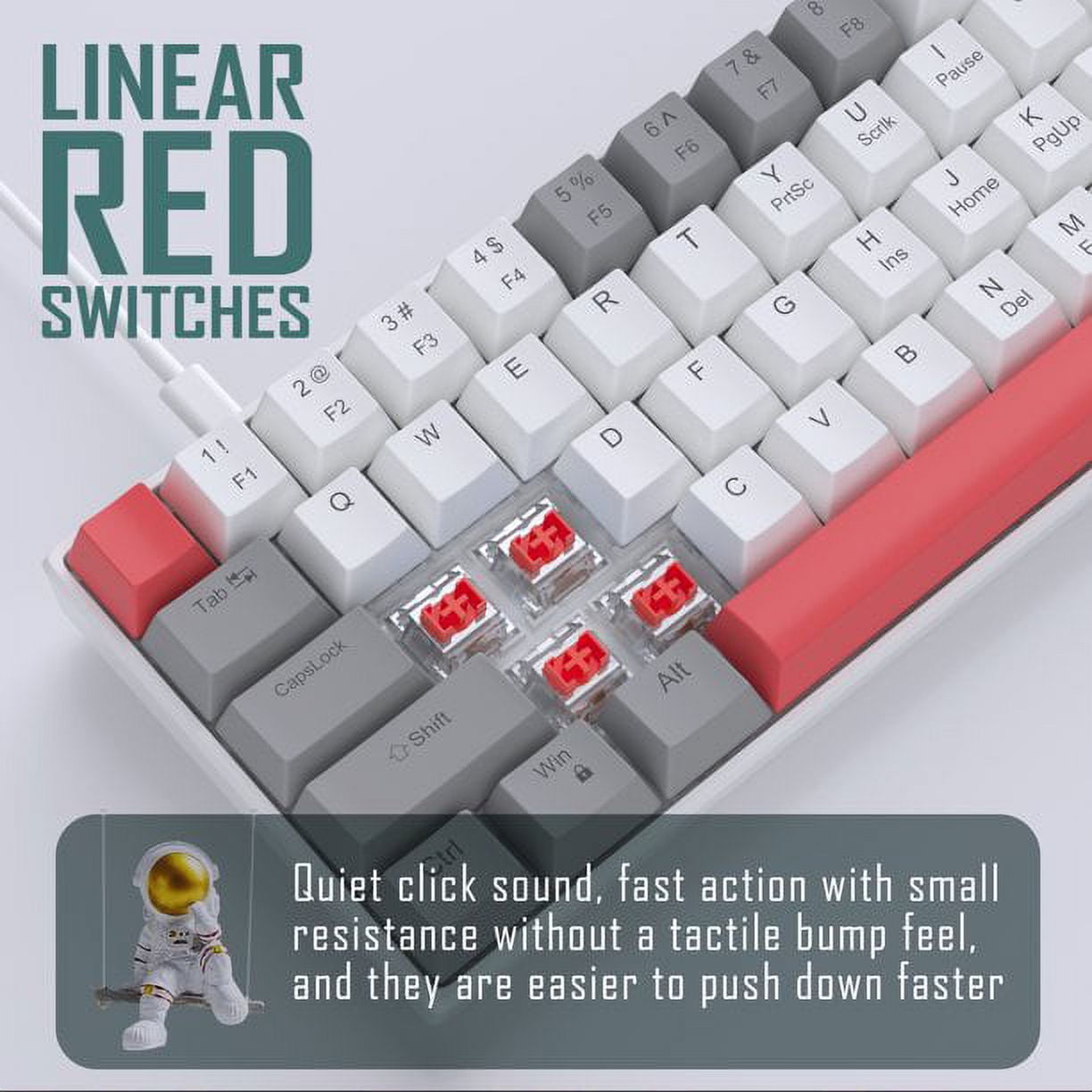 60 Percent Mechanical Gaming Keyboard, Red Gaming Keyboard with Red Switches, Detachable Type-C Cable 60% Mini Keyboard with Powder Blue Light for Windows/Mac/PC/Laptop Gray & White/Red Switches