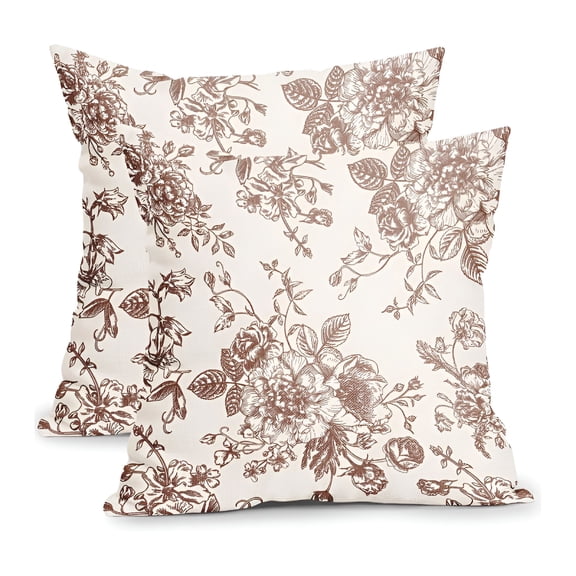 AUQ 2026 New Vintage Floral Pillow Covers 18X18"2Pcs Light Brown&Cream Floral Throw Pillow Covers Chinoiserie Flower Pillowcases Rustic Farmhouse Cotton Linen Cushion Covers for Couch Bed Sofa Decor