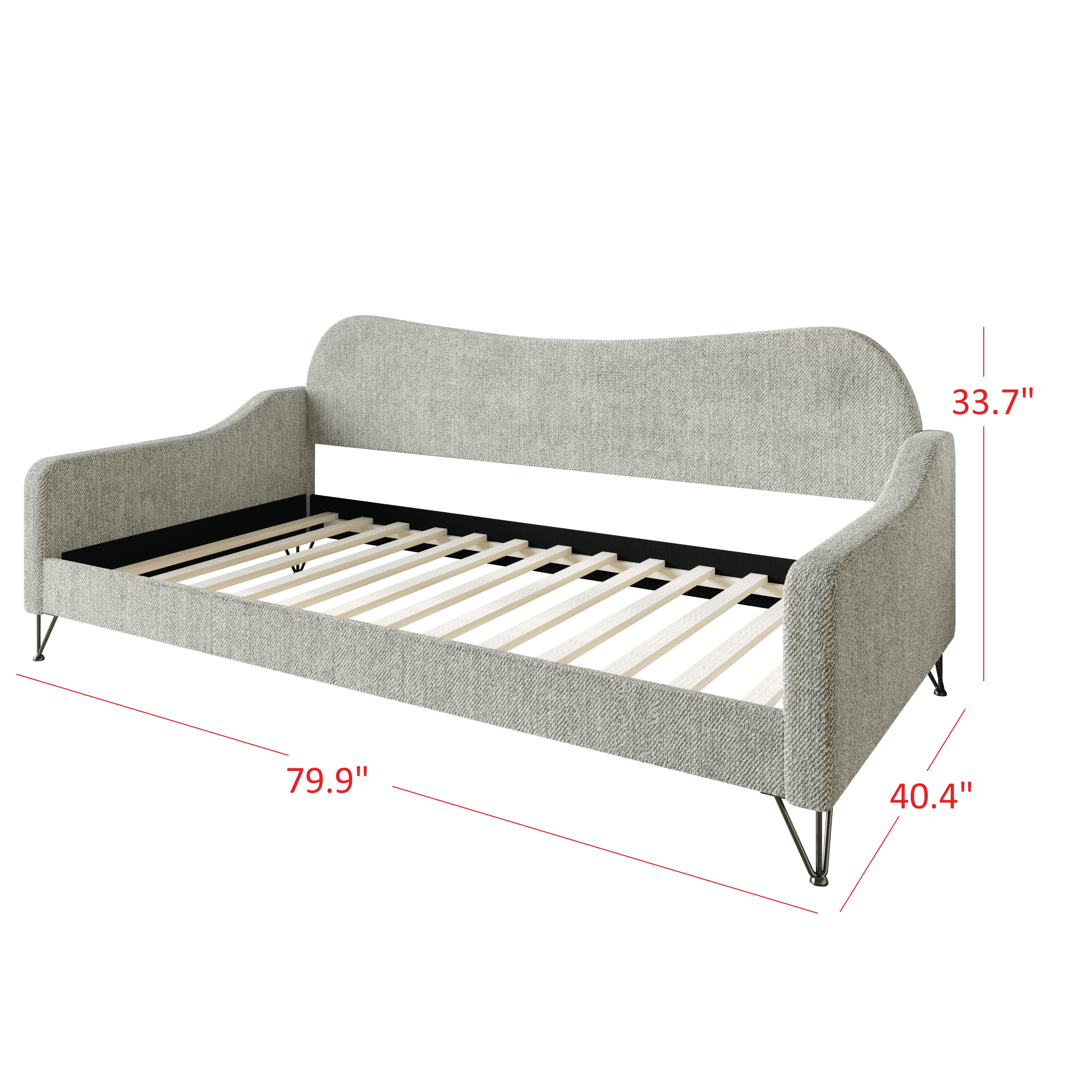 Home Design Natty Twin Daybed with Upholstered Frame, Elegant Backrest and Arms, Black Metal Legs, Stylish Seating and Sleeping Solution, Gray