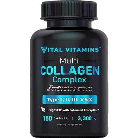 Vital Vitamins Multi Collagen Complex - Type I, II, III, V, X, Grass Fed, Non-GMO, 150 Capsules 150 Count (Pack of 1)