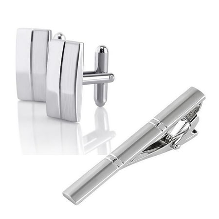 Zodaca New Silver Simple Men Tone Necktie Clasp Straight Tie + Cufflinks set