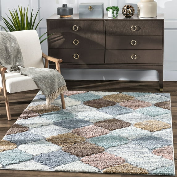 Well Woven | Calliope Ivory Blue | High-lo Pile | Cozy Shag 5x7 (5'3" x 7'3") Area Rug