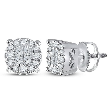 Men Earrings Diamond Screw Backs 14k White Gold Princess Round Diamond Cluster Screwback Stud Unisex Mens Womens Earrings (.50 cttw.) ()