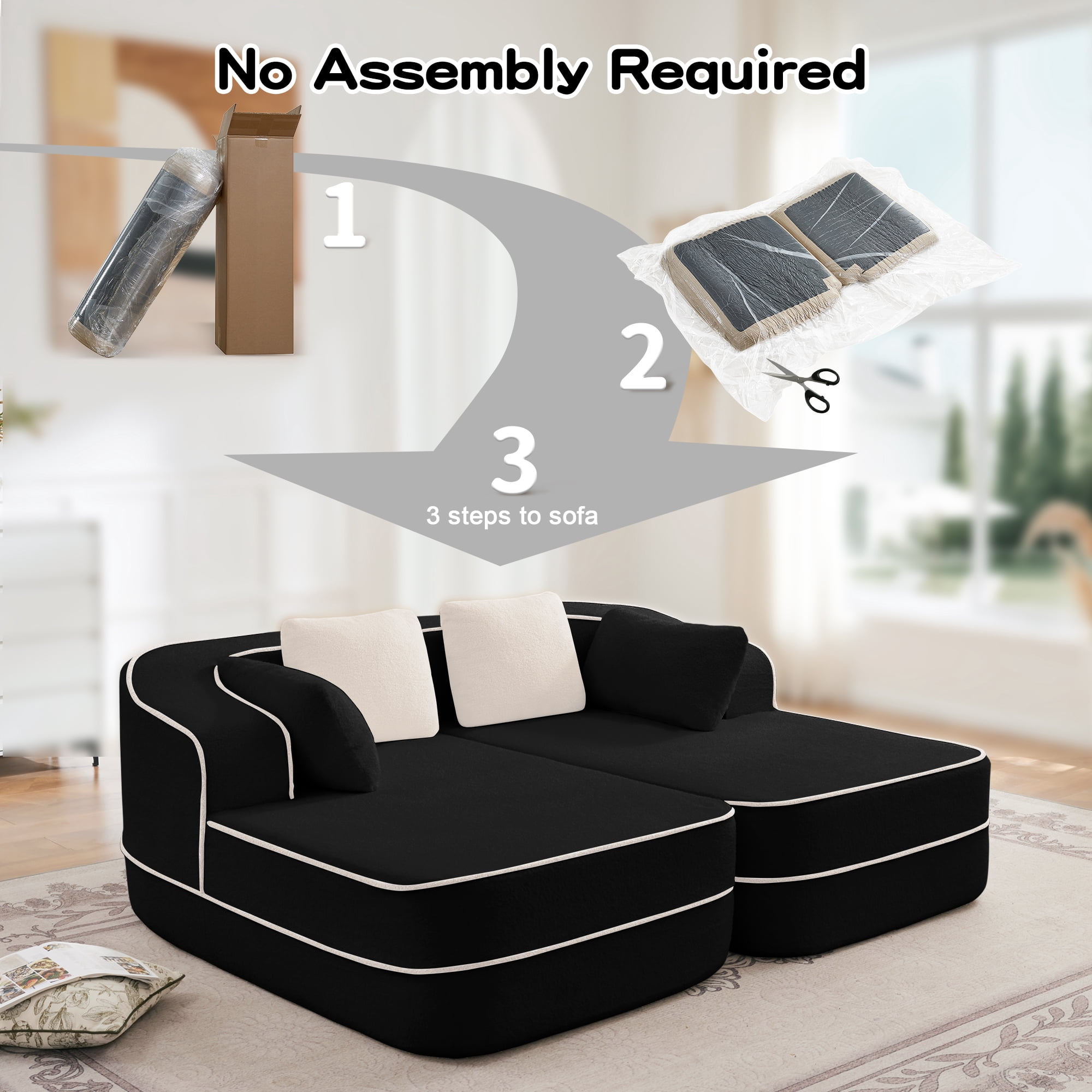 106" Teddy Fabric No Assembly 32D Boneless Sofa, Comfy Couch with L-Shaped Chaise for Living Room, Black