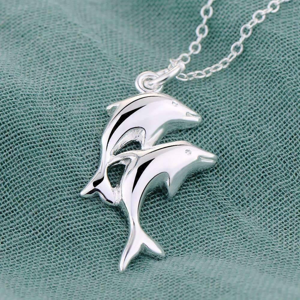 Pair of Dolphins Sterling Silver Necklace With 16 Inch Chain Dolphin Heart 
