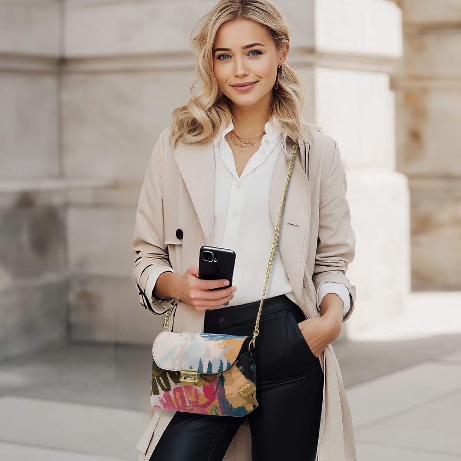Pzuqiu Abstract Print Crossbody Bags Leather Women Vintage Trendy Small Leather Crossbody Bags for Women Metal Chain Strap Lightness for Party and Special Occasions
