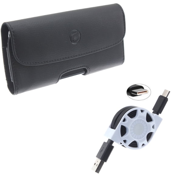 Black Leather Phone Case Side Cover Pouch w Retractable USB Type-C Cable Charge Sync Power Wire Z2R for Acer Liquid Jade Primo - ASUS ROG Phone, ZenFone AR 6 4 Pro - Blackberry Motion - BLU G9