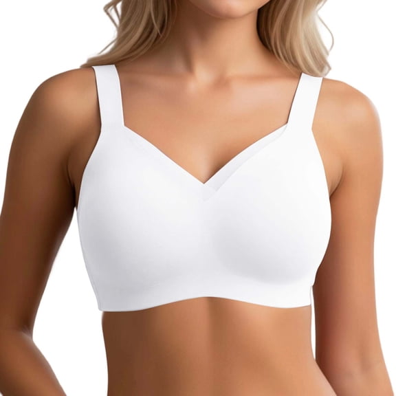 Alun Mesh Splicing V-Neck Bras for Women Wireless No Underwire Smoothing Seamless Push up Bralette Side Support and Soft Simple Comfortable for Daily Wear White XL
