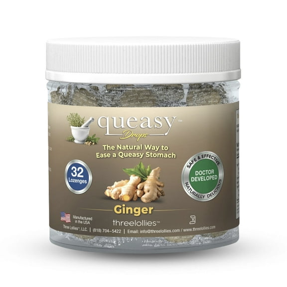 Three Lollies Queasy Drops - Ginger Flavor - Relief from Nausea & Travel Sickness, Soothes a Dry Mouth & Settles Stomach - Natural Ingredients - 32 ct