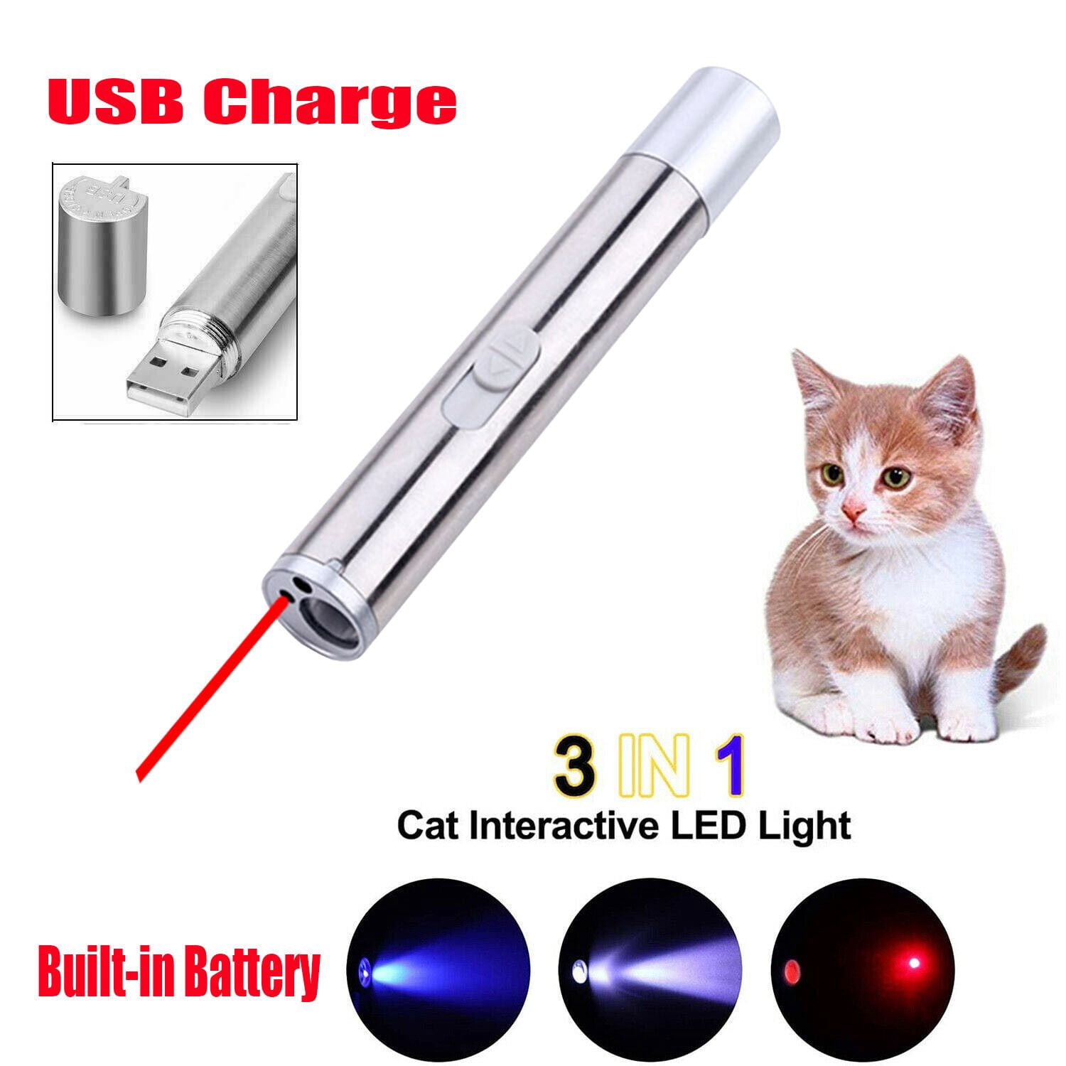 3in1 1mw Cat Laser Pointer Pen USB Rechargeable For Cat Toy White Torch & UV Light