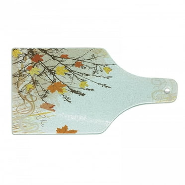 Nature Cutting Board, Autumn Maple Leaves Branches in Fall Earthen Tones Faded Woodland Art Print, Tempered Glass Cutting and Serving Board, Wine Bottle Shape, Tan Yellow Orange, by Ambesonne