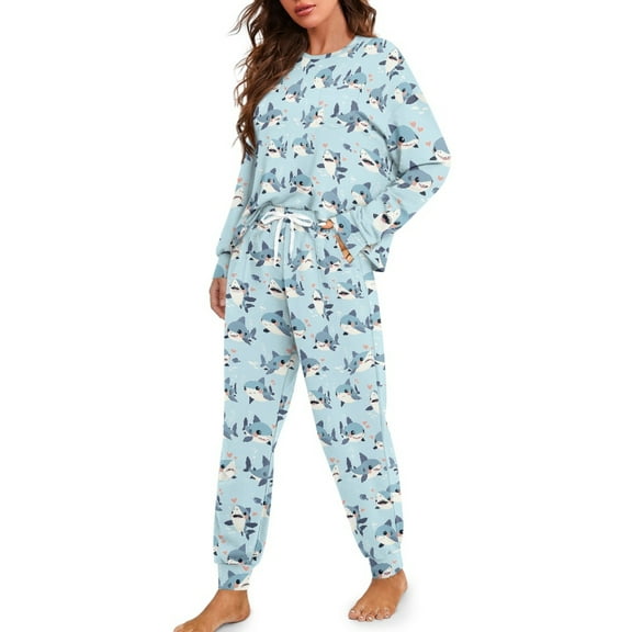 DISNIMO Shark Print Women's Pajama Sets 2 Piece Lounge Set Long Sleeve Top and Long Pants Casual Loose Loungrwear Nightwear, S