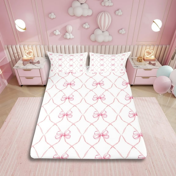 Pink Bowknot Bed Sheets Set Twin Bow Knot Sheet Set Butterfly Knot Bow Tie Sheets Aesthetic Coquette Bedroom Decor Geometric Cartoon Flat Fitted Sheet