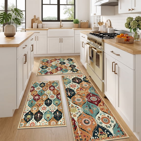 Aonewoe Boho 3 Piece Kitchen Rug Set Washable Non Slip Kitchen Mats for Floor Decorative Bohemian Kitchen Rugs and Runners Floor Mat for Hallway Laundry Room Sink
