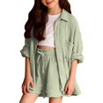 thumbnail image 6 of UACY Girls 2 Pcs Boho Linen Outfits Long Sleeve Button Down Loose Top Matching Short Pants Toddler Kids Casual Gauze Sets ﻿ (Light Green, 11-12 Years), 6 of 9