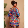 thumbnail image 2 of Navy Blue Floral Print Square Neck Puff Sleeve Mini Dress For Women, 2 of 6