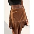 thumbnail image 5 of Women'S Suede Fringe Cowgirl Skirts Country Concert Outfit Western High Waisted Mini Skirt Western Caramel Color S, 5 of 9