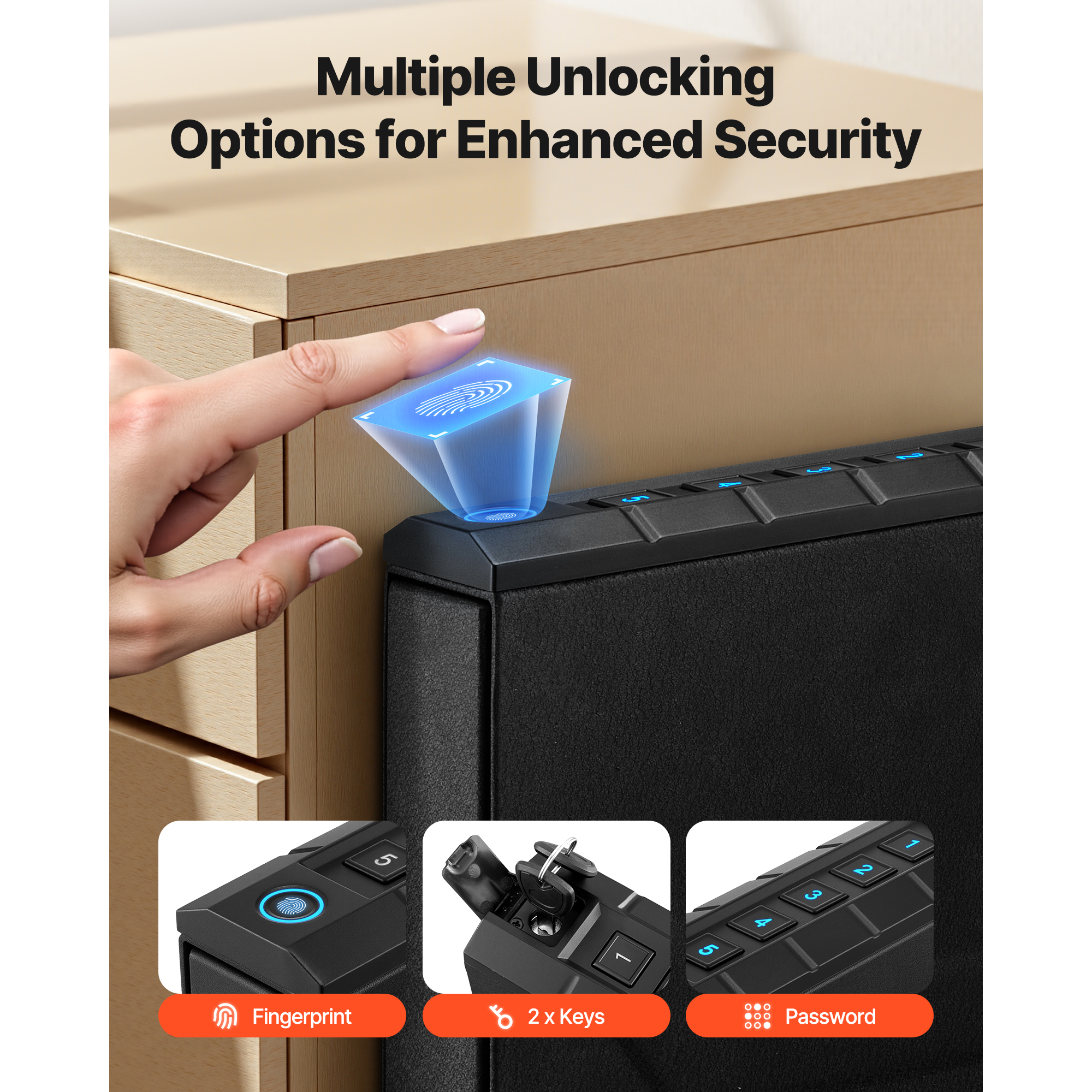 KFFKFF Handgun Safe with Fingerprint, Password, and Key Access, Quick-Access Firearm Storage Box with Interior Lighting for One Pistol and Magazine, Secure Mountable Case for Nightstand, Desk