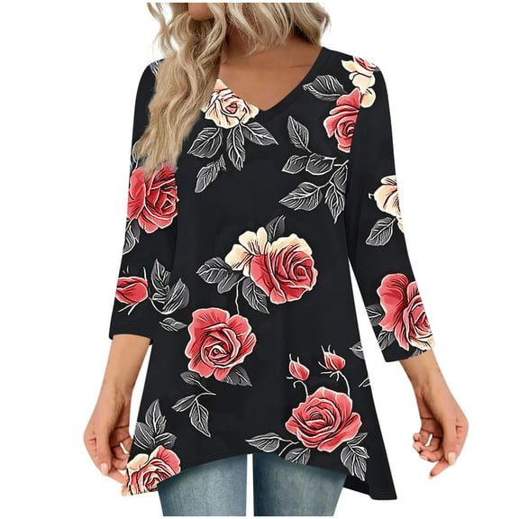 Womens Print Tops Fall Long Sleeve V Neck 3/4 Length Sleeve Shirts Loose Casual Basic Tees Shirt Tunic Blouses (XXL, Black)