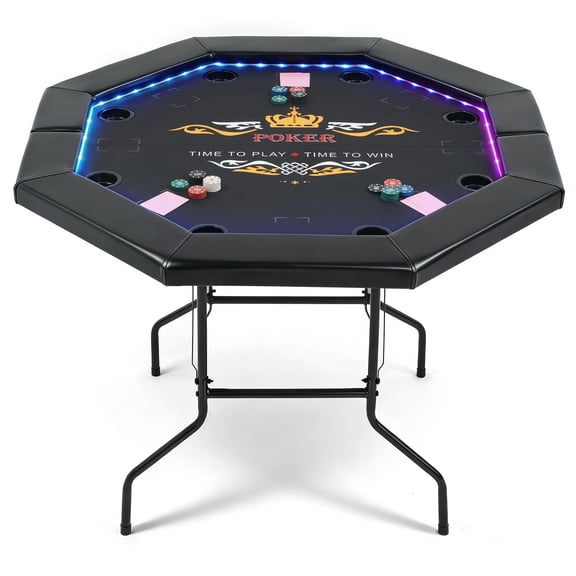 48" Foldable LED Poker Table, Octagon Texas Holdem Casino Table for 8 Players with Built-in LED Lights, Padded Rails & Cup Holders, Folding Blackjack Game Table for Home Game Room