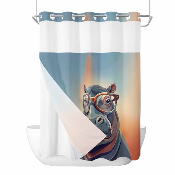 No Hook Shower Curtains with Snap-in Liner Set, Orange Blue Hippocampus Waterproof Hotel Style Bathroom Shower Curtain, Funny Animals Modern Art Breathable Mesh Top Window Bath Curtains 72''x84''