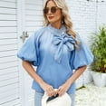 thumbnail image 6 of Women'S Tie Button Up Mock Neck Jean Shirt Fashion Elastic Puff Sleeves Loose Fit Cropped Denim Tops Light Blue M, 6 of 9