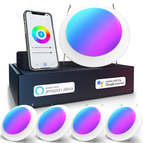 Sunco 5/6 Inch Smart Disk LED Flush Mount Ceiling Recessed Can Light for Living Room, Bedroom, App Controlled Compatible with Alexa and Google, Dimmable, 15W, RGB 5000K Daylight, 1200 LM ETL 4 Pack