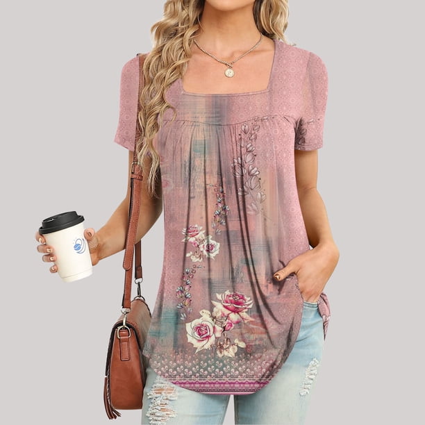 Fiudx Tops para Mujer Blusa Holgada de Manga Corta con Cuello Redondo Informal Estampada a La Moda para Mujer