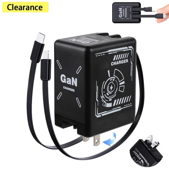 Elnone GaN Wall Charger, Fast Charging Retractable USB C Cable & Foldable Plug for iPhone Samsung, Black