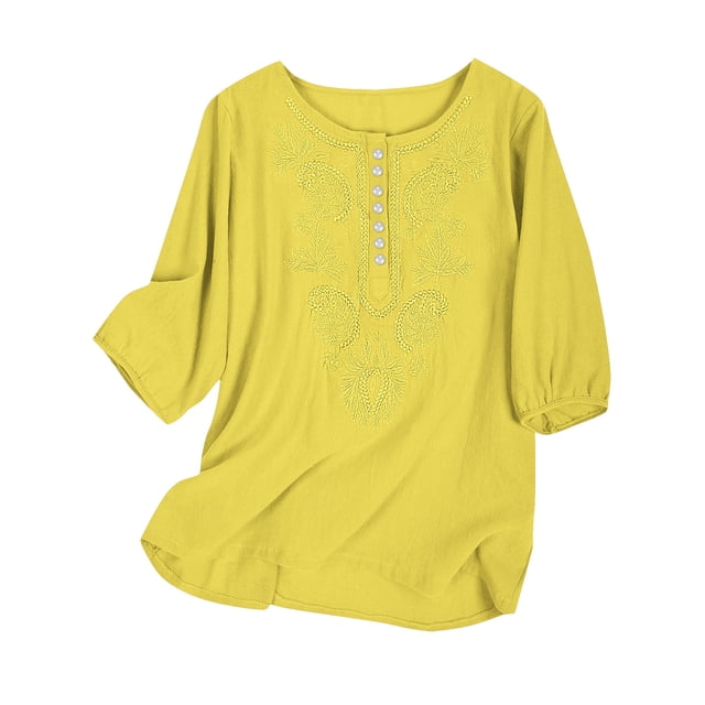 Timegard Hauts pour Femmes Col Rond Manches 1/2 Col Rond Bouton Broderie Tee-Shirts Habillés Décontractés Amples