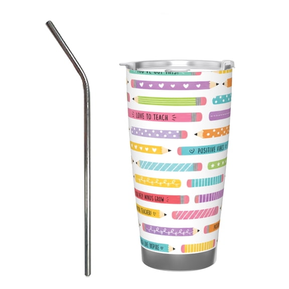 20oz Colorful Teacher Pencil Tumbler Stainless Steel Insulated Travel Coffee Cup Teacher Gift with Stainless Steel Straw